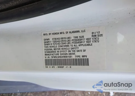 2017 Honda Odyssey Ex-L из США, поврежденный, VIN 5FNRL5H63HB001581